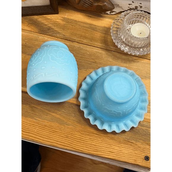 Vintage Fenton Custard Blue Satin Glass Persian Medallion Pattern Fairy Lamp - Picture 8 of 8